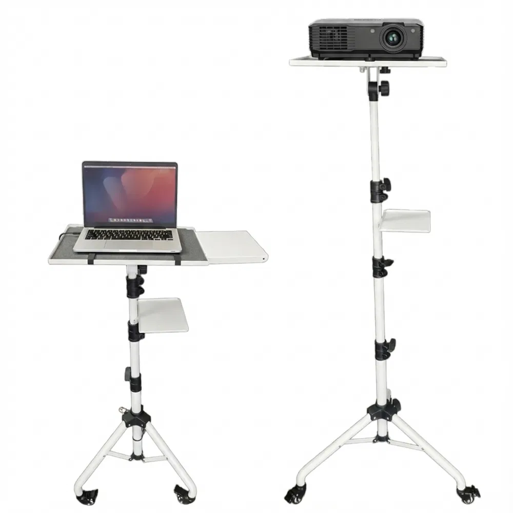 Projector Stand 29.5 To 71 Inch Adjustable Tripod 2 Shelves Portable Laptop Cart W Phone Holder